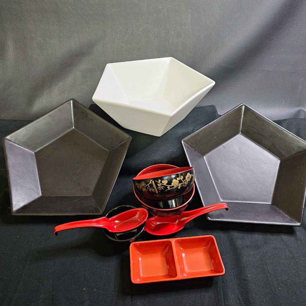 Asian Themed Plates & Bowls for 2 (3)Stoneware Plates, Plastic Bowls, and Spoons